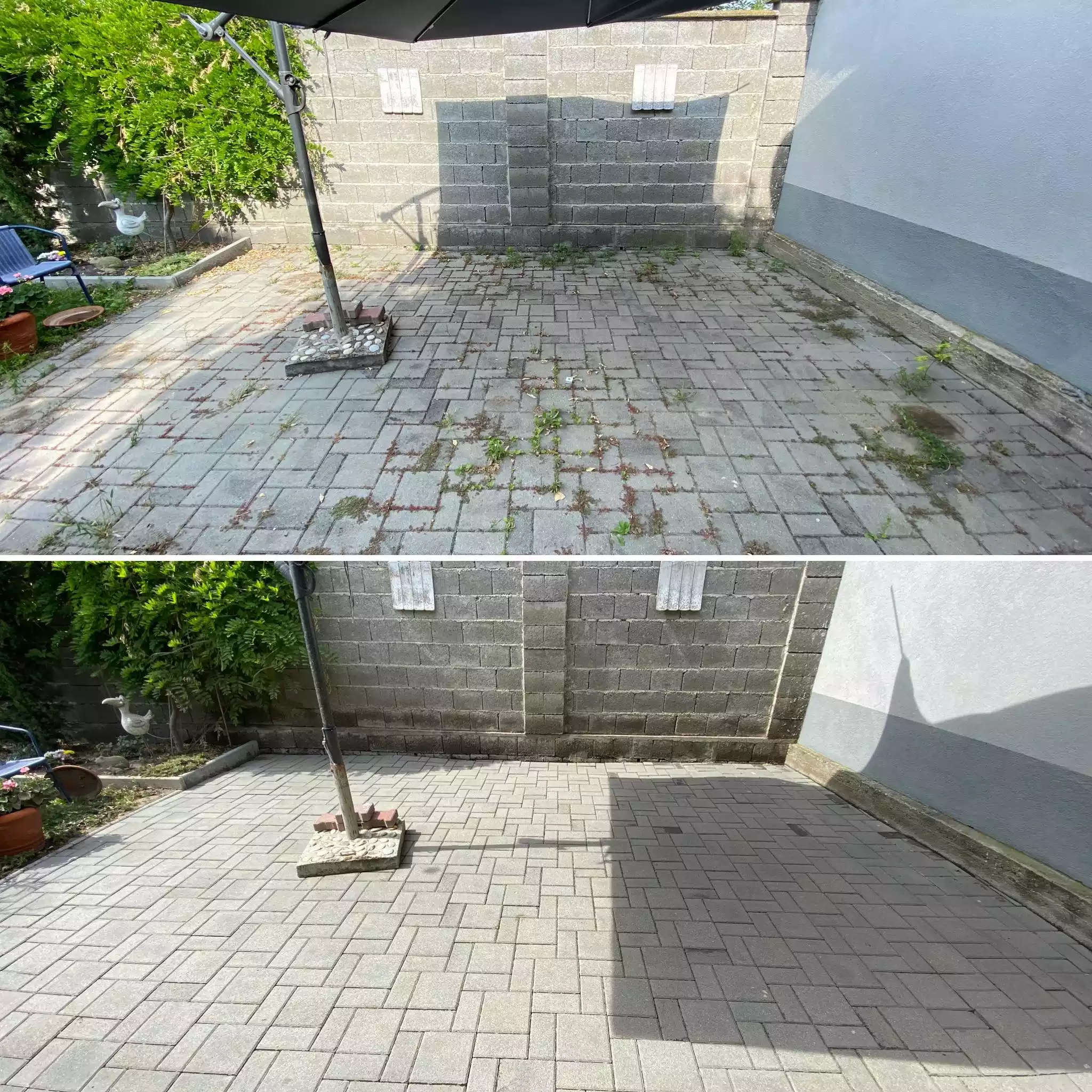 Čistenie dlažby na terase rodinného domu pred a po – odstránenie buriny a machu zo škár