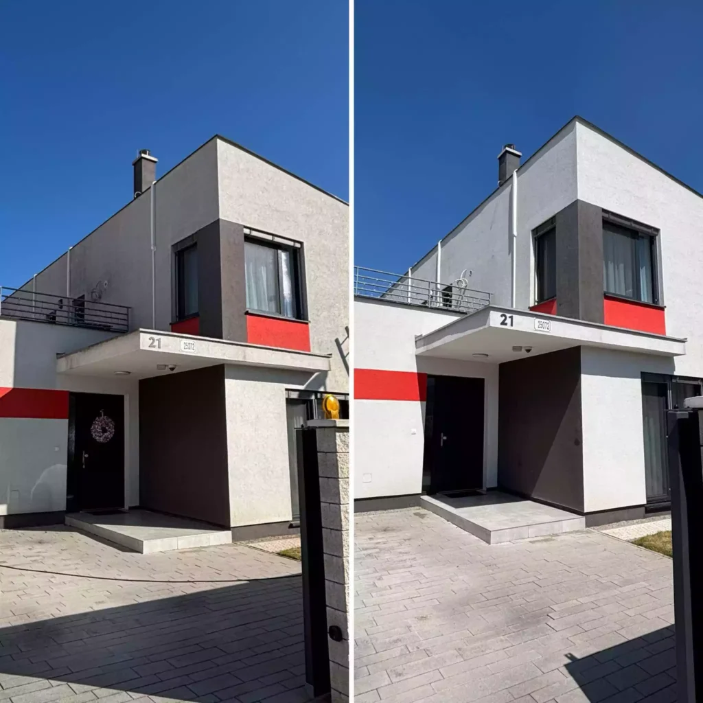 Proces čistenia fasády napadnutej čiernou plesňou – rebrík opretý o stenu poschodového domu