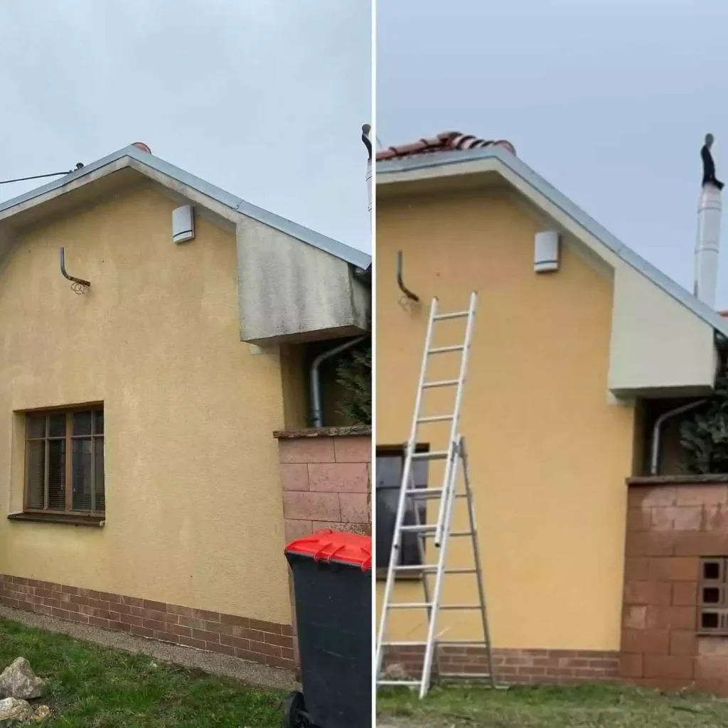Čistenie fasády staršieho rodinného domu v Bratislave pred a po – odstránenie tmavých nánosov zo žltej omietky nad tehlovým soklom