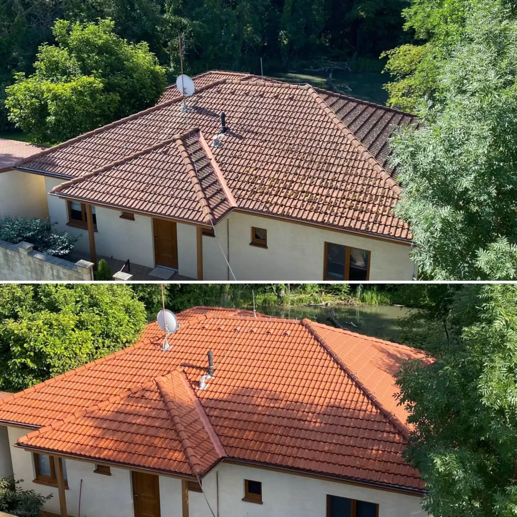 Čistenie strechy Bramac rodinného domu pred a po – odstránenie machu z valbovej betónovej škridly pri rieke