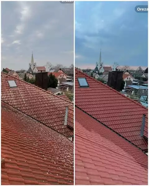 Čistenie strechy v Moste pri Bratislave pred a po – obnova tehlovočervenej škridly s kostolom v pozadí