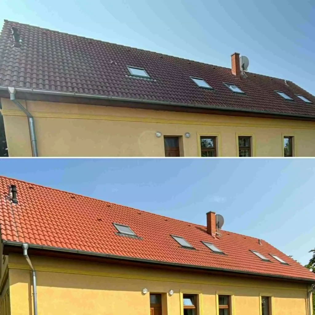 Čistenie strechy od machu v Rajke pred a po – obnova dlhej krytiny radového domu so žltou fasádou