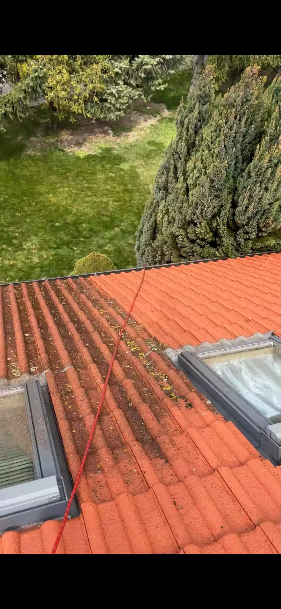 Čistenie strechy od machu – viditeľná zelená brázda machu v úžľabí medzi strešnými oknami s istiacim lanom