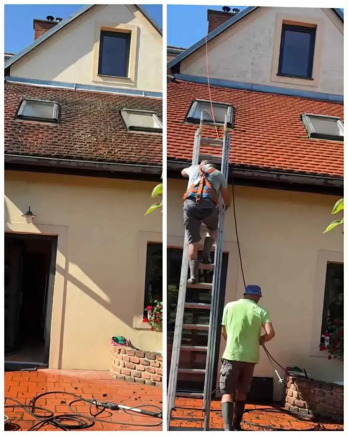 Čistenie strechy rodinného domu pred a po – pracovník v istiacom postroji na rebríku odstraňuje mach z červenej škridly medzi strešnými oknami