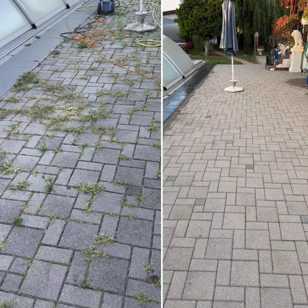 Precízne čistenie dlažby pri bazéne pred a po – odstránenie hustej buriny zo škár pri zastrešení